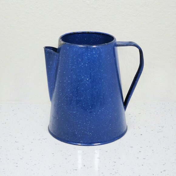 Rustic Enamel Graniteware Coffee Pot Speckled Cobalt Blue Repurposed Vase Decor - Picture 1 of 11